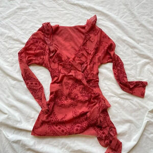 The Limited Hot Pink and Red Paisley Floral Ruffle Long Sleeve 3/4 FairyTop